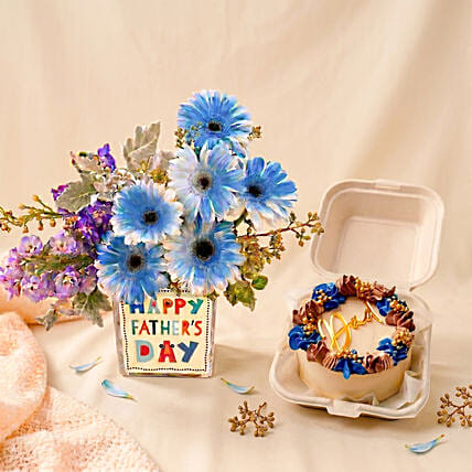 Father's Day Blue Gerbera Vase & Bento Cake Set: Gift Sets