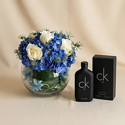 Elegant Hydrangea & Rose Glass Bowl with Perfume for Dad: 