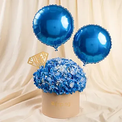 Super Dad Blue Hydrangea & Balloon Hatbox: Balloons Delivery Singapore