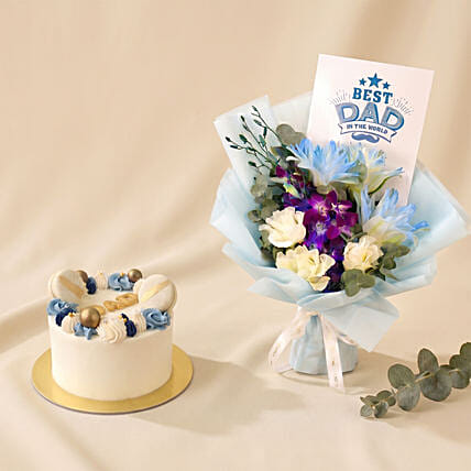 Best Dad Blue Lily Bouquet & Chocolate Fudge Cake Set: Flowers