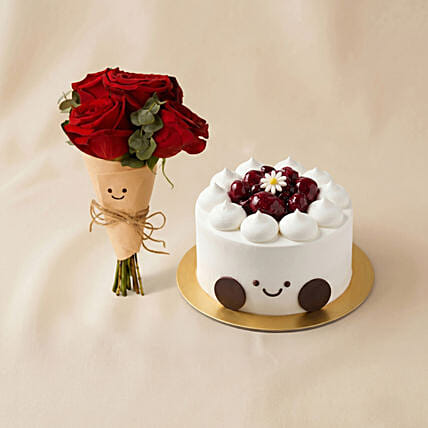 Smiley Mini Jelly Cat Red Roses Bouquet and Cake: Cake and Flowers 