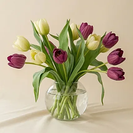 Beautiful Mixed Tulips Glass Vase: Tulips