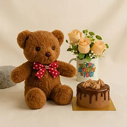 Birthday Floral Mug Arrangement with Teddy N Chocolate Cake: Bento Cakes