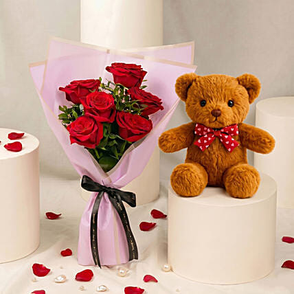 6 Roses and Teddy Combo: Flowers with Teddy Bear