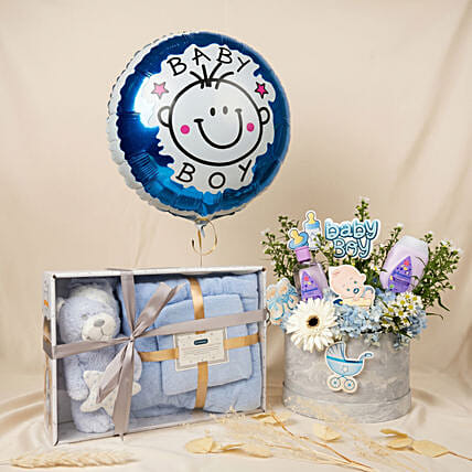 Its a Baby Boy Floral & Essentials Gift Set For Newborns: Hydrangeas Bouquets