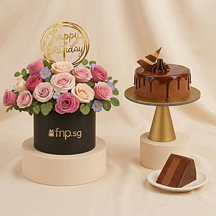 Birthday Flowers Box and Chocolate Cake Bundle: Gift Delivery Singapore