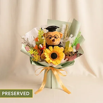 Sunflower & Bear Preserved Graduation Bouquet: Graduation Gifts Singapore