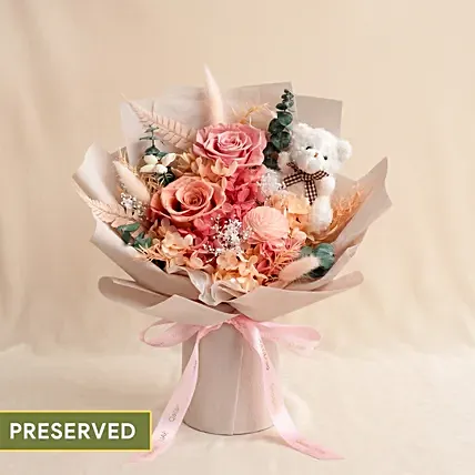 Soft Pink Rose & Teddy Bear Small Flower Bouquet: Newborn Gifts Singapore