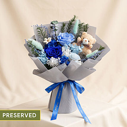 Mystic Blue Preserved Rose Bouquet with Teddy Bear: Preserved Flowers Singapore