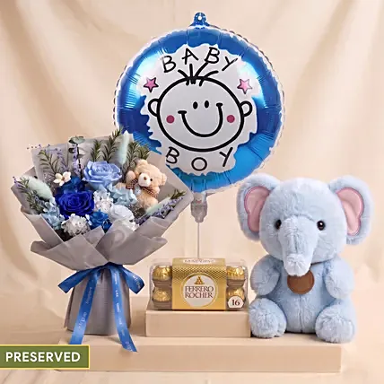 Preserved Rose Bouquet with Teddy Bear for Baby Boy: Balloons