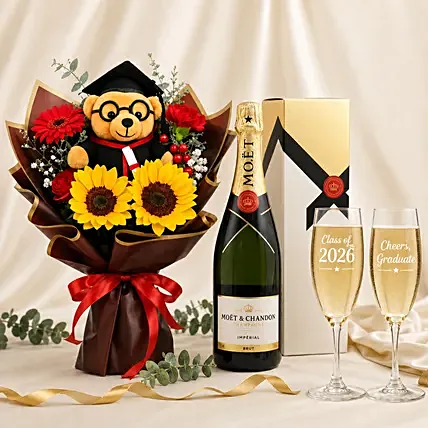 Graduation Champagne & Glasses & Flowers: Personalised Engraved Gifts
