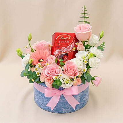 Elegant Flower Basket with Lindt Lindor Chocolates: Flowers and Chocolates
