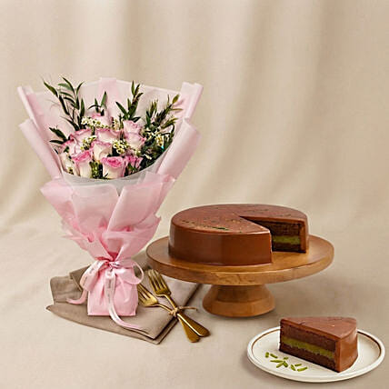 Titanic Rose & Chamomile Bouquet with Dubai Chocolate Cake: Trending Gifts
