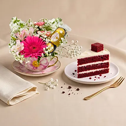 Floral Chocolate Teacup & Red Velvet Cake Slice: 