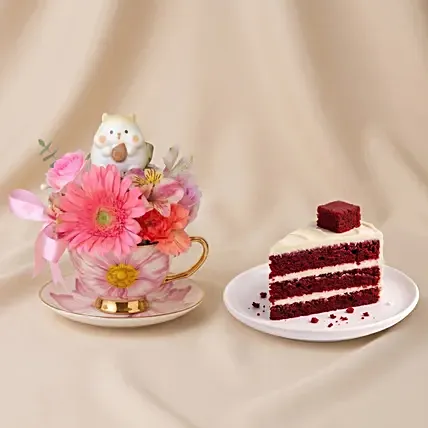 Gerbera Teacup with Red Velvet Cake Slice: 