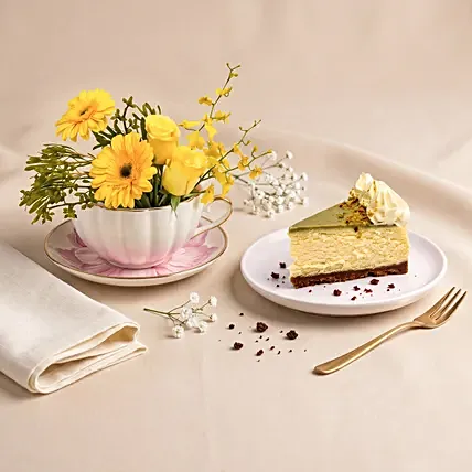 Sunny Teacup Flower Arrangement & Cheesecake Slice: Cheesecakes