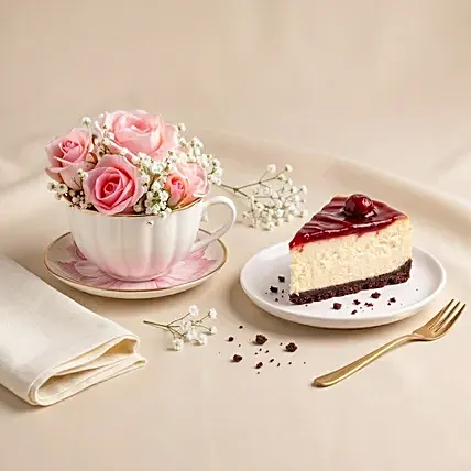 Roses Teacup & Cheesecake Slice Gift: Flowers In A Mug