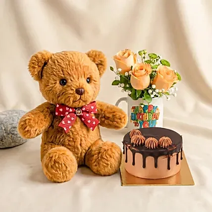 Birthday Floral Mug Arrangement with Teddy N Chocolate Cake: Bento Cakes