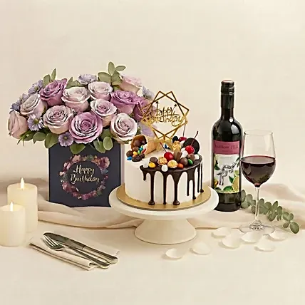 Birthday Gift Set - Roses Cake & Wine: Birthday Cake Singapore