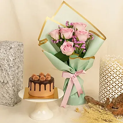 Sweet Pink Roses with Mono Chocolate Cake Combo: Flowers And Cake For Anniversary