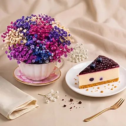Baby's Breath Teacup & Cheesecake Slice: Flowers In A Mug