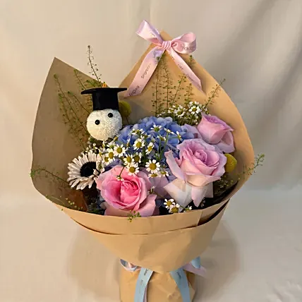 Pastel Hydrangea & Pink Rose Graduation Bouquet: Graduation Flowers