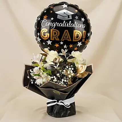 Graduation Flower Arrangement with Printed Balloon: Graduation Bouquet