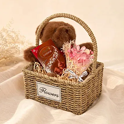 Cuddly Bear with Preserved Bouquet and Chocolate Hamper: Anniversary Gifts