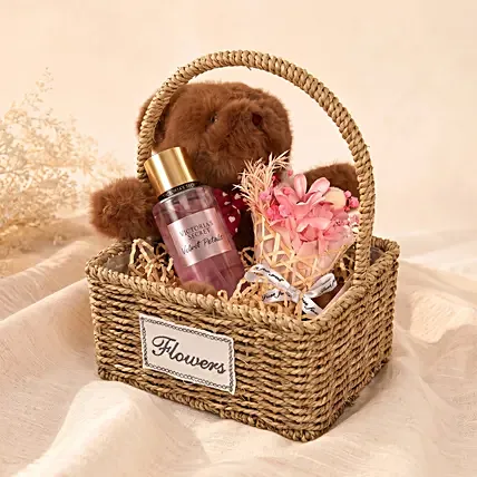 Cuddly Bear with Preserved Bouquet and Victoria Secret Hamper: For Anniversary