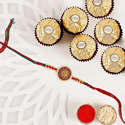 Traditional Meenakari Charm Rakhi with Ferrero Rochers: Rakhi With Chocolates