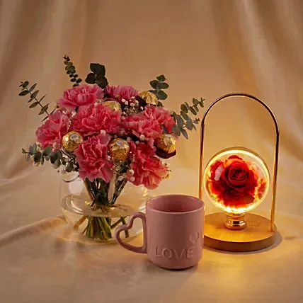 Romantic Rose Lamp, Carnation & Love Mug Gift Set: Dried Flowers
