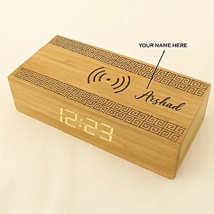 Engraved Text Bamboo Wireless Charger with Clock: 