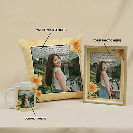 Daffodil Themed Personalised Mug, Cushion and Frame: Personalised Combo Gifts