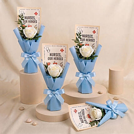 Nurses, Our Heroes - White Rose Mini Bouquet x4: Nurses Day Gifts