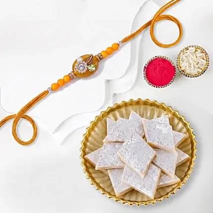 Elegant Kundan Rakhi with Kaju Katli: Rakhi Gifts