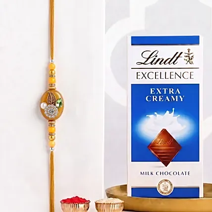 Elegant Kundan Rakhi with Lindt Chocolate Bar: 