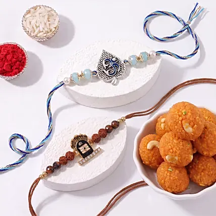Divine Blessing Om and Shivling Rakhi Duo with Motichoor Ladoo: 