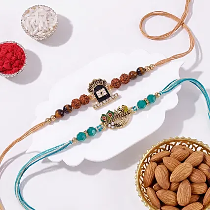 Divine Harmony Shiva and Krishna Rakhi Set with Almonds: 