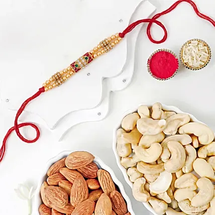 Red & Green Designer Rakhi with Dry Fruits: Rakhi Same Day Delivery