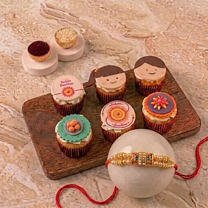 Red & Green Designer Rakhi with Eggless Cupcakes: Rakhi Same Day Delivery