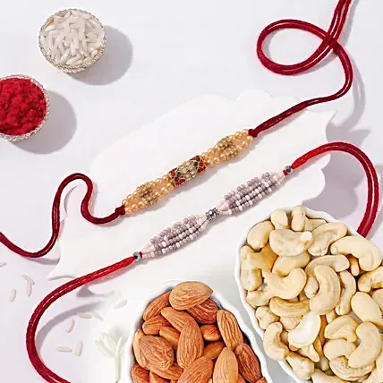 Red & Green Designer and Pearl Rakhi with Dry Fruits: 