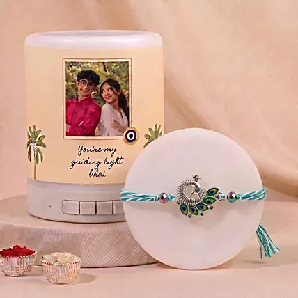 Peacock Rakhi and Personalised Bluetooth Speaker Gift Set: Customized Gifts