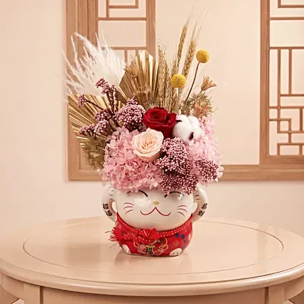 Lucky Cat Preserved Floral Prosperity Arrangement: Mid Autumn Gifts