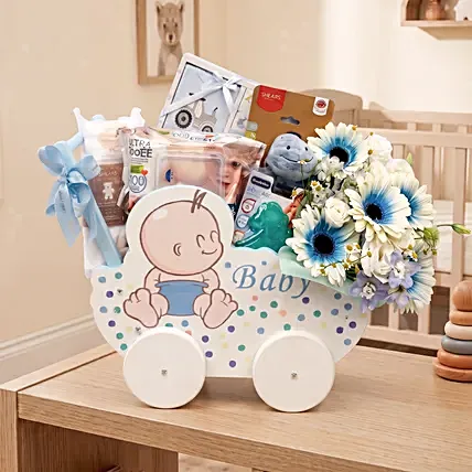 Adorable Baby Boy Carriage & Floral Gift Basket: Soft Toys