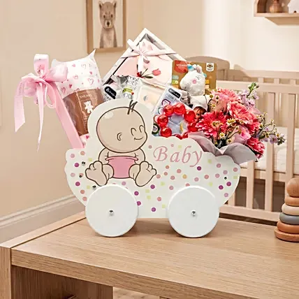 Adorable Baby Girl Carriage & Floral Gift Basket: Newborn Hampers