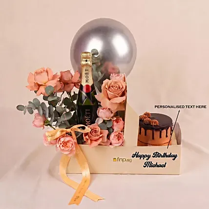 Personalised Gift Box With Wine, Roses & Cake: Cake Delivery Singapore
