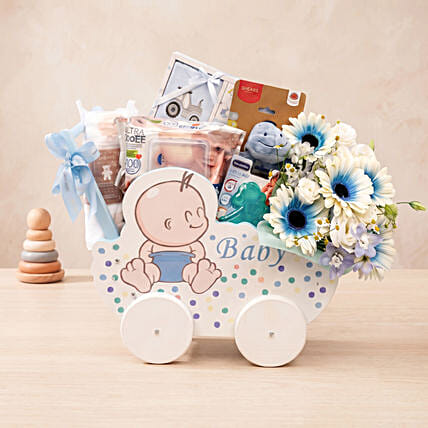 Adorable Baby Boy Carriage & Floral Gift Basket: Newborn Gifts Singapore