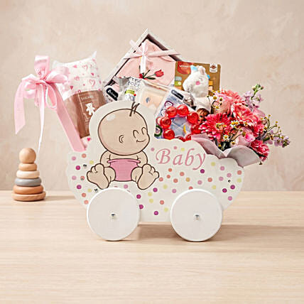 Adorable Baby Girl Carriage & Floral Gift Basket: For New Born