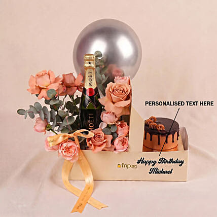 Personalised Gift Box With Wine, Roses & Cake: Cake Delivery Singapore