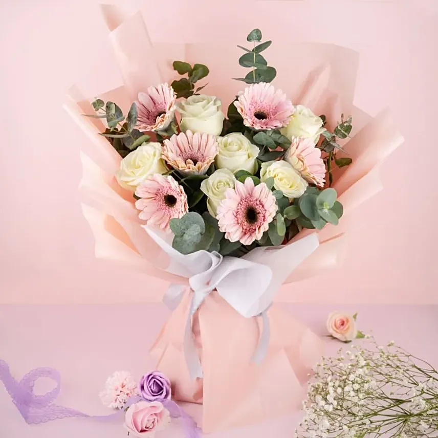 Graceful Gerberas And Roses Bouquet 99 Stems